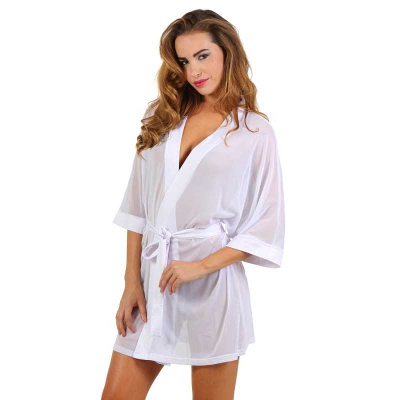 Erotissimo Loveshop 82 Kimono Micro Résille et Satin Blanc