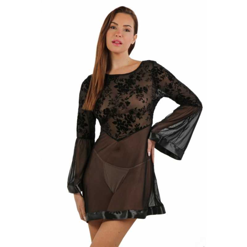 Prestaloveshop Robe Évasée Floquée Velours Manches Longues