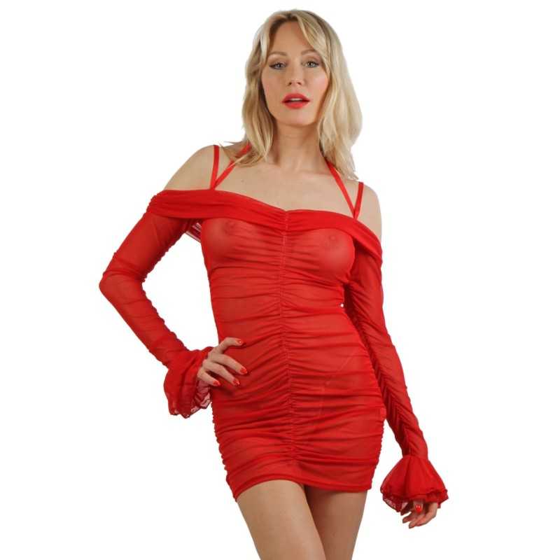 Prestaloveshop Robe Transparente Épaules Nues Manches Longues