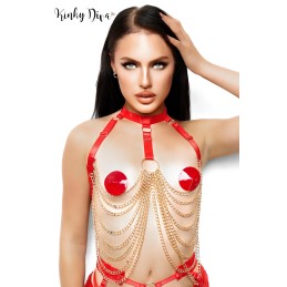 Prestaloveshop Harnais buste sangles élastiques rouge chaine
