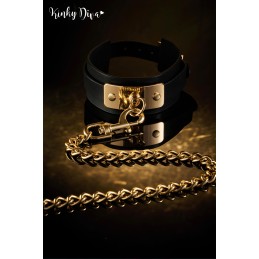 Prestaloveshop Collier noir plaque dorée & Laisse mousqueton