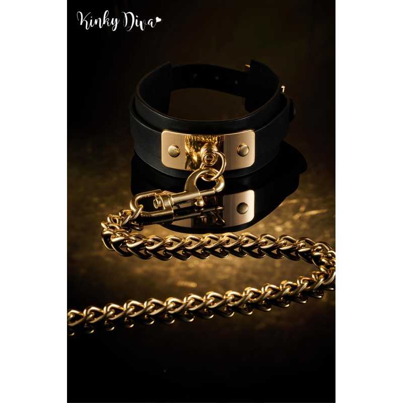 Prestaloveshop Collier noir plaque dorée & Laisse mousqueton