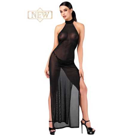 Prestaloveshop Robe longue micro résille argenté do nu noir F372